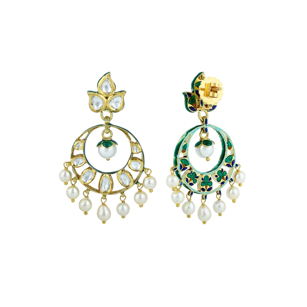 Polki Chandbali Earrings with Petal Studs and Pearl Drops